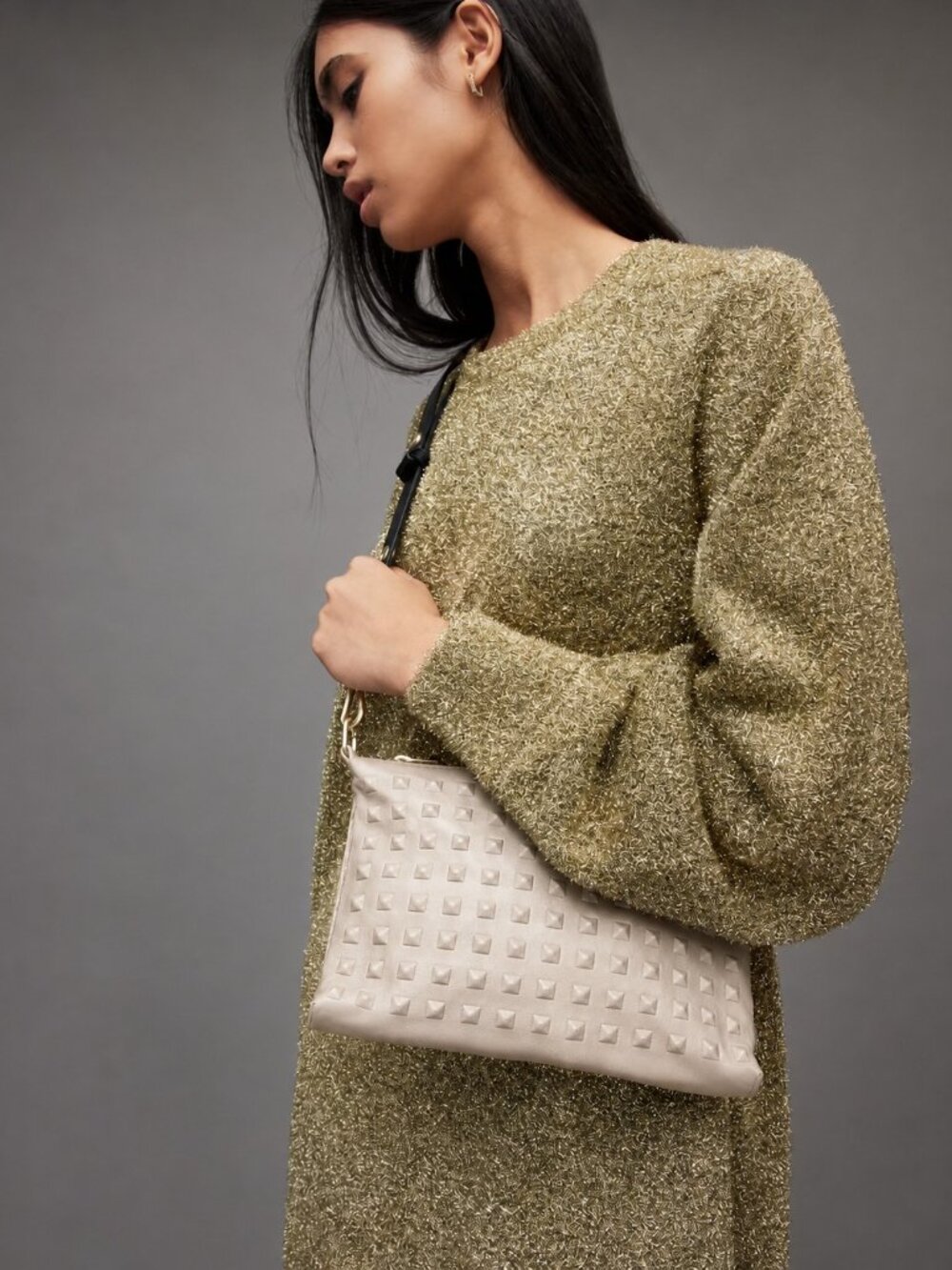 AllSaints Eve Studded Leather Crossbody Bag Ivory Cream